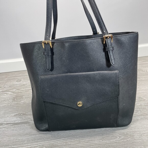 Michael Kors Jet Set Signature Large Tote Purse Black Leather Snap Outer Pocket - Picture 2 of 8
